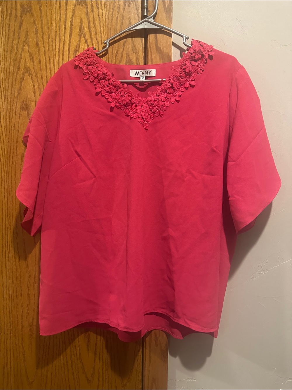 WD.NY Bright Pink Floral-Appliqué V-Neck Blouse